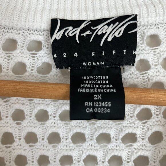 Lord & Taylor White Open Work Long Sleeve V Neck Thin Knit Sweater Plus Size 2X - Picture 2 of 3